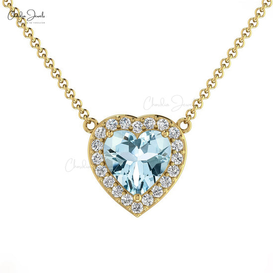 Natural Aquamarine Necklace in 14k Solid Gold Diamond Halo Necklace