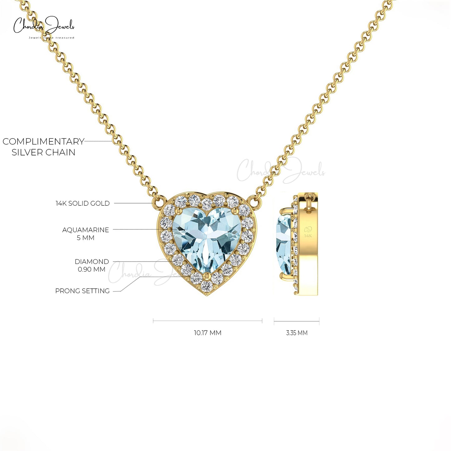 Natural Aquamarine Necklace in 14k Solid Gold Diamond Halo Necklace