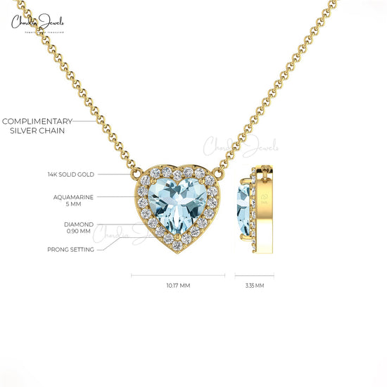 Natural Aquamarine Necklace in 14k Solid Gold Diamond Halo Necklace