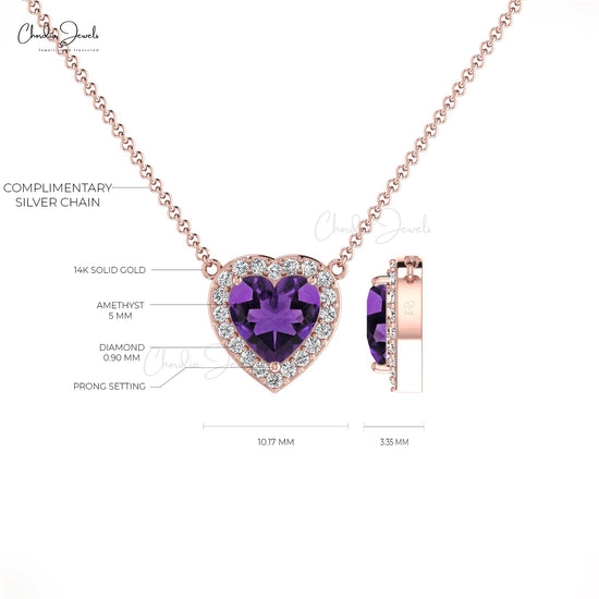 14k Solid Gold Diamond and Amethyst Necklace, February Birthstone Necklace, 5mm Heart Cut Gemstone Necklace Gift for Her