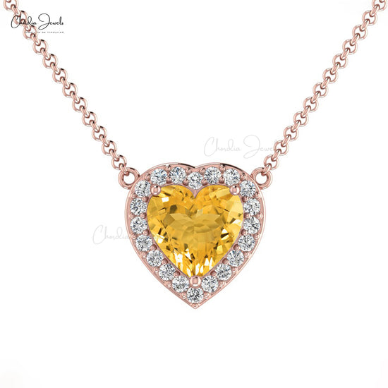 Natural Citrine Necklace, 14k Solid Gold Diamond Necklace, 5mm Heart Shape Gemstone Necklace Gift for Her