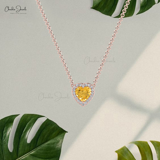 Natural Citrine Necklace, 14k Solid Gold Diamond Necklace, 5mm Heart Shape Gemstone Necklace Gift for Her