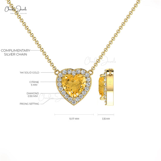 Natural Citrine Necklace, 14k Solid Gold Diamond Necklace, 5mm Heart Shape Gemstone Necklace Gift for Her