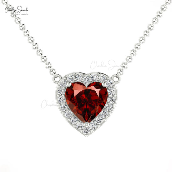 Genuine 0.6ct Red Garnet Solitaire Necklace 14k Solid Gold Diamond Halo Heart Necklace