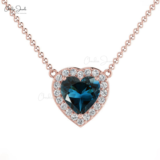 Pure 14k Gold Diamond Halo Necklace With 0.60 Ct London Blue Topaz Heart Chain Necklace