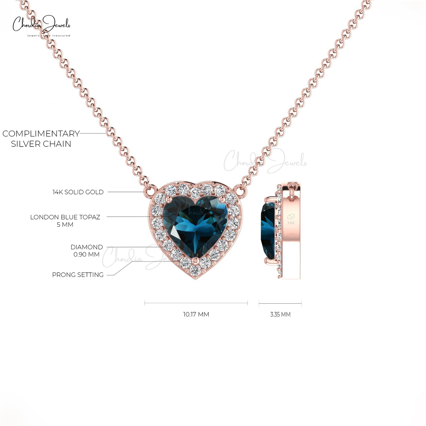 Natural London Blue Topaz Necklace, 5mm Heart Shape Gemstone Necklace, 14k Solid Gold Diamond Handmade Necklace Gift for Her