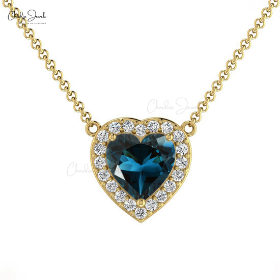 Pure 14k Gold Diamond Halo Necklace With 0.60 Ct London Blue Topaz Heart Chain Necklace