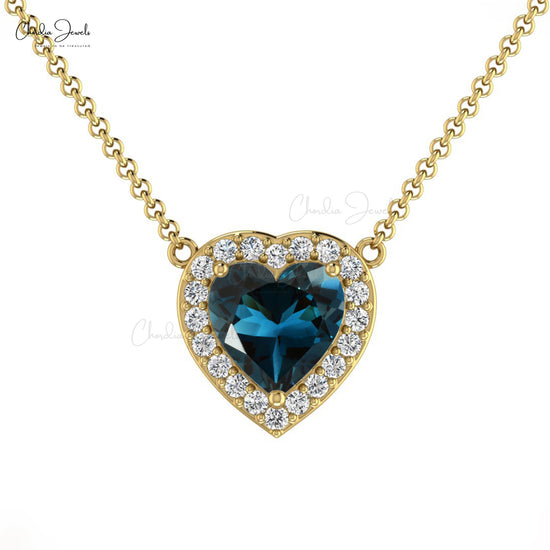 Natural London Blue Topaz Necklace, 5mm Heart Shape Gemstone Necklace, 14k Solid Gold Diamond Handmade Necklace Gift for Her