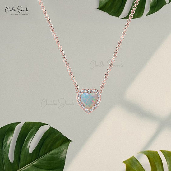 Load image into Gallery viewer, 5mm Heart Shape Gemstone Necklace, Natural Ethiopian Opal Necklace, 14k Solid Gold Necklace Gift for Wedding
