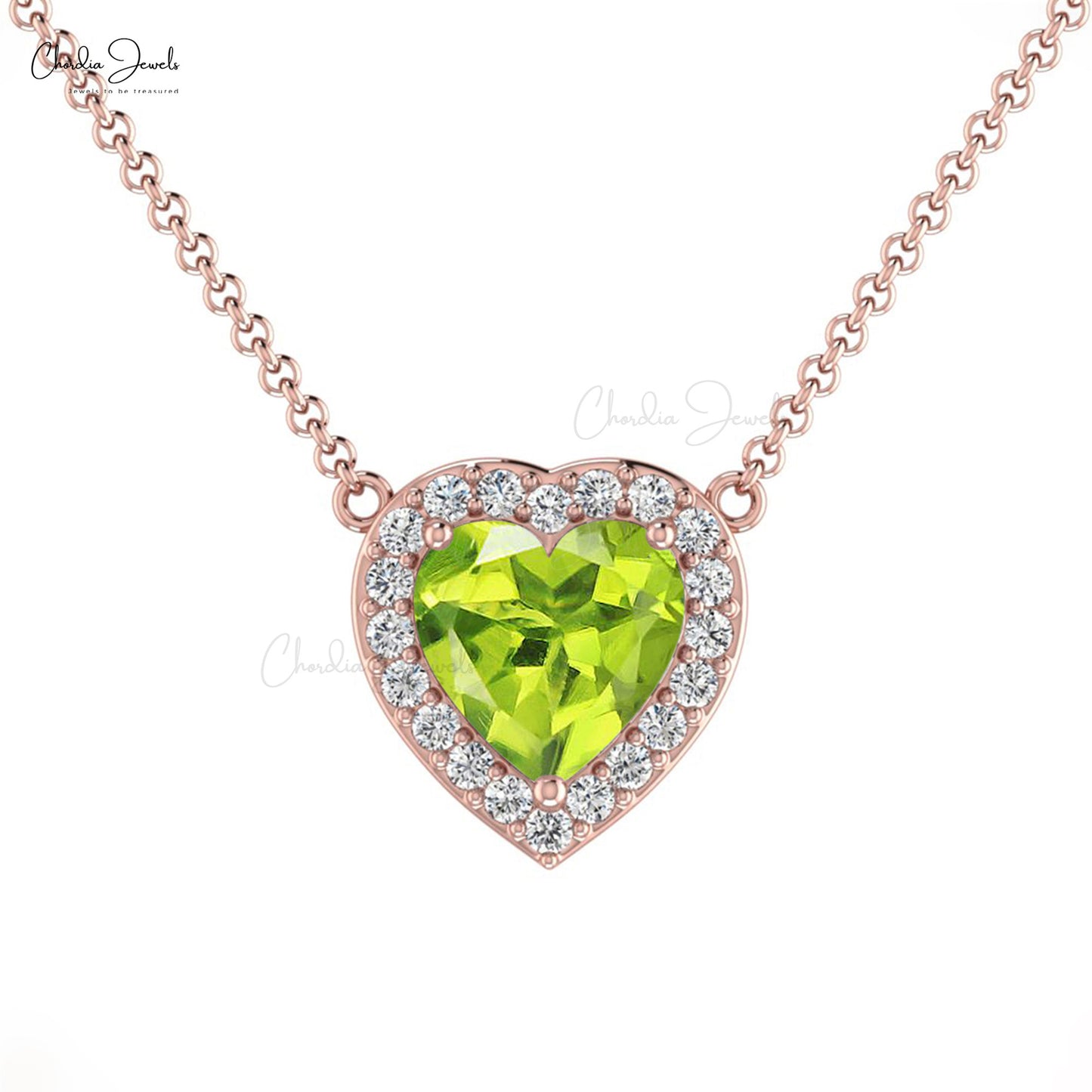 Natural Peridot and Diamond Necklace, 14k Solid Gold 5mm Heart Shape Gemstone Necklace Gift for Her