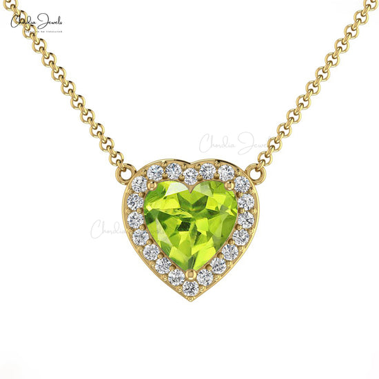 Natural Peridot and Diamond Necklace, 14k Solid Gold 5mm Heart Shape Gemstone Necklace Gift for Her