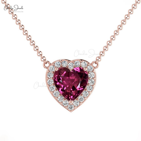 Load image into Gallery viewer, 14k Solid Gold Diamond Halo Necklace, Natural Rhodolite Garnet Necklace, 5mm Heart Shape Gemstone Necklace Gift for Her
