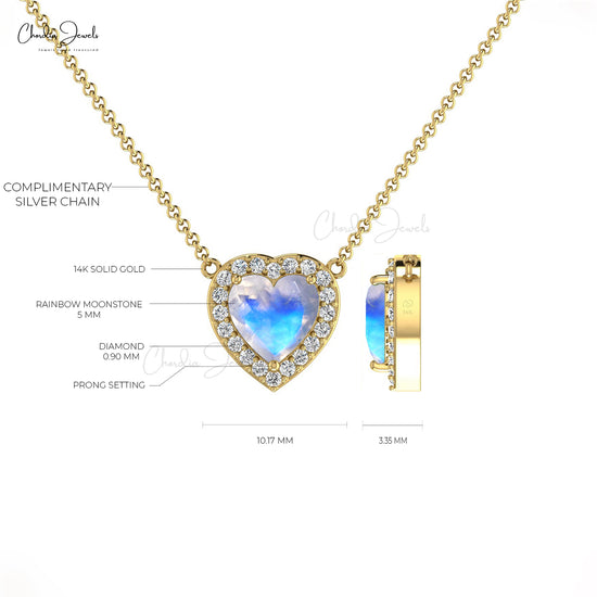 Round Moonstone Halo Heart Diamond Necklace in 14k Solid Gold