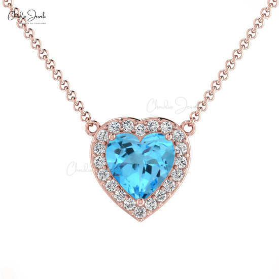 0.6 Carat Natural Swiss Blue Topaz Necklace, 14k Solid Gold Diamond Halo Necklace, December Birthstone Necklace Gift for Anniversary