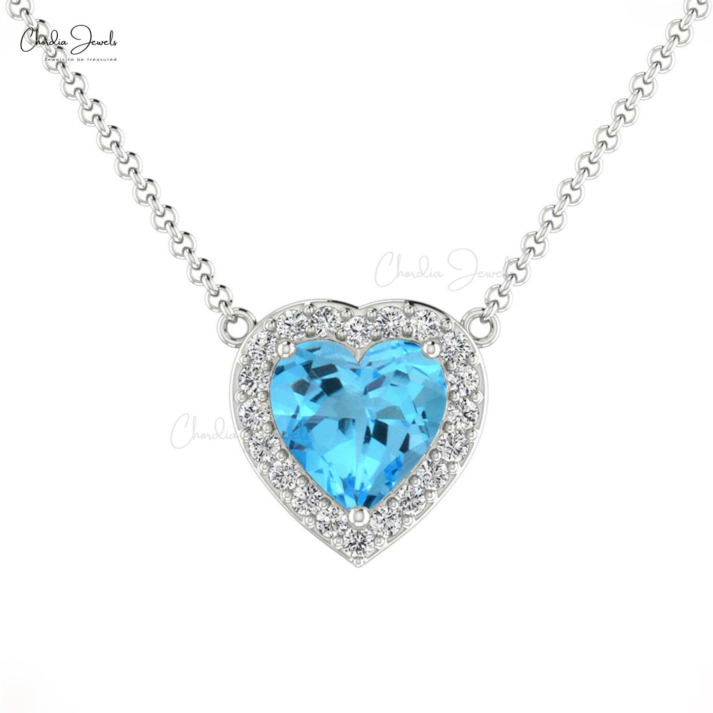 Solid 14k Gold Heart Shape Charm Necklace Natural 0.6ct Swiss Blue Topaz & Diamond Halo Necklace