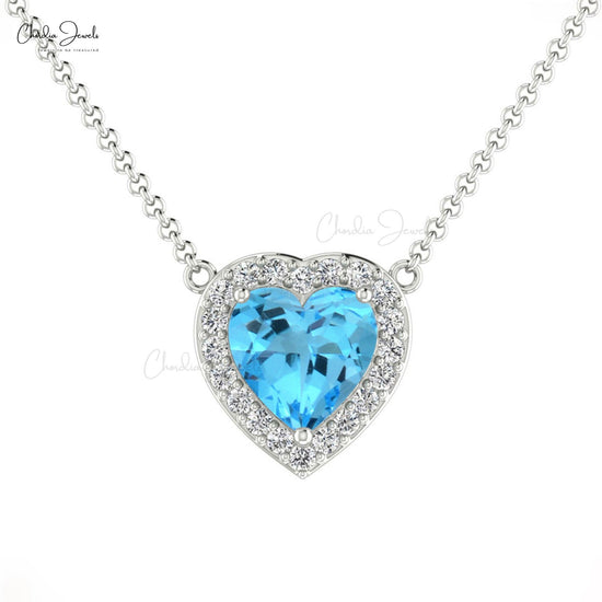 0.6 Carat Natural Swiss Blue Topaz Necklace, 14k Solid Gold Diamond Halo Necklace, December Birthstone Necklace Gift for Anniversary