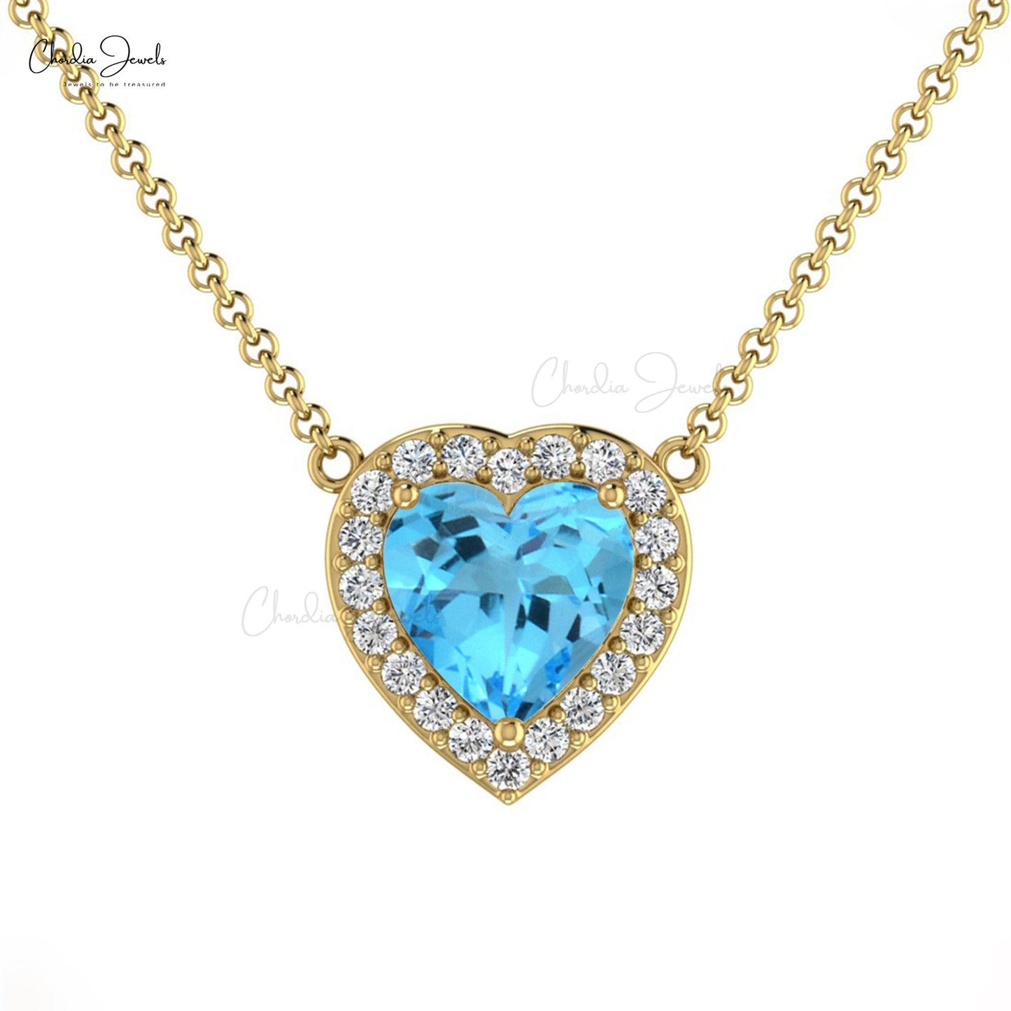 0.6 Carat Natural Swiss Blue Topaz Necklace, 14k Solid Gold Diamond Halo Necklace, December Birthstone Necklace Gift for Anniversary