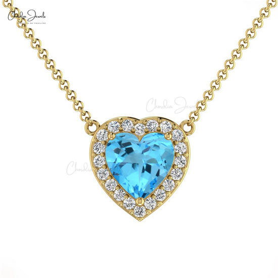 0.6 Carat Natural Swiss Blue Topaz Necklace, 14k Solid Gold Diamond Halo Necklace, December Birthstone Necklace Gift for Anniversary