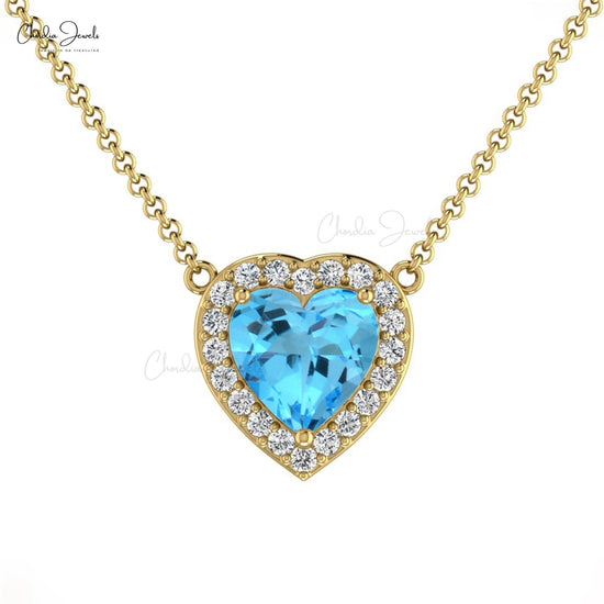 Solid 14k Gold Heart Shape Charm Necklace Natural 0.6ct Swiss Blue Topaz & Diamond Halo Necklace