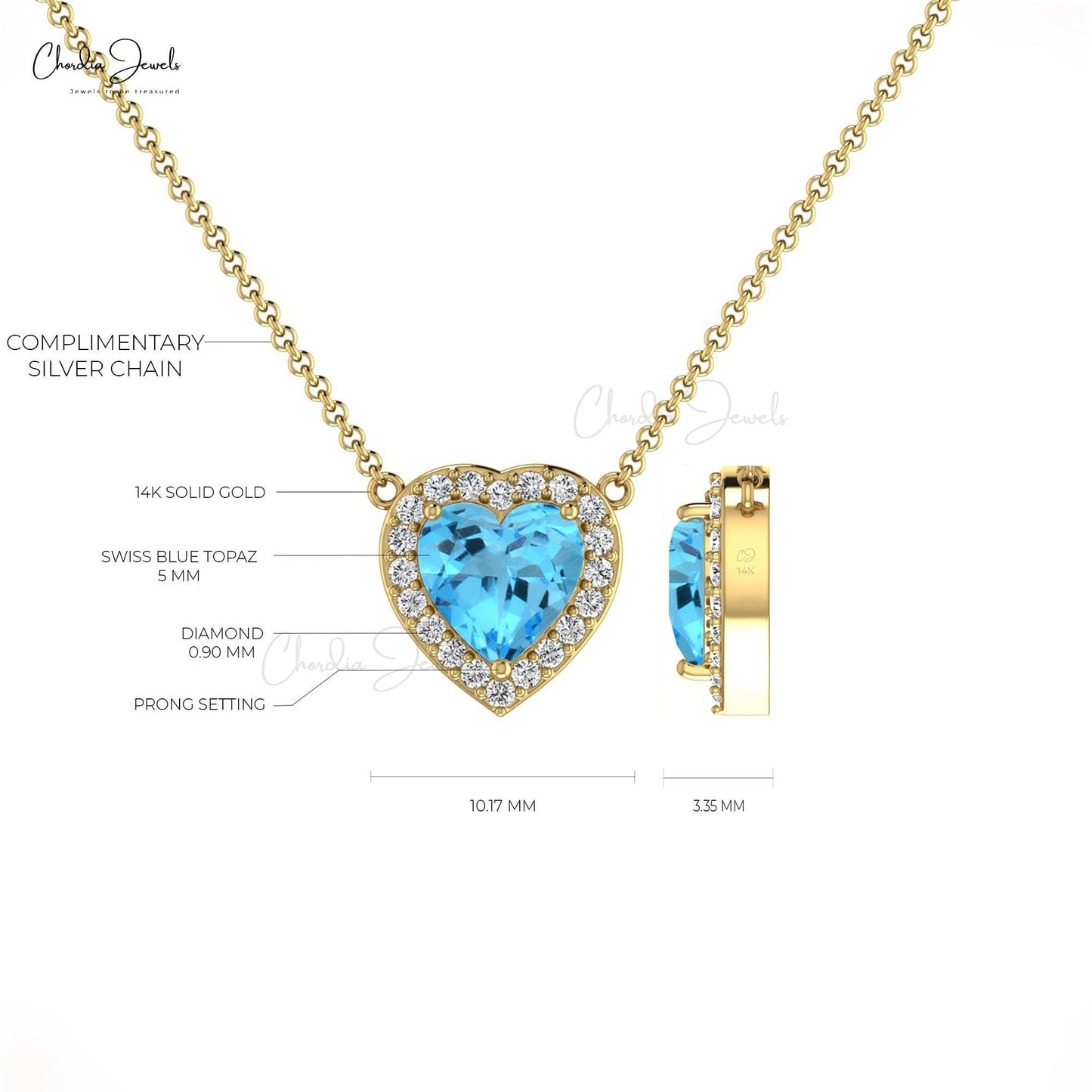 0.6 Carat Natural Swiss Blue Topaz Necklace, 14k Solid Gold Diamond Halo Necklace, December Birthstone Necklace Gift for Anniversary