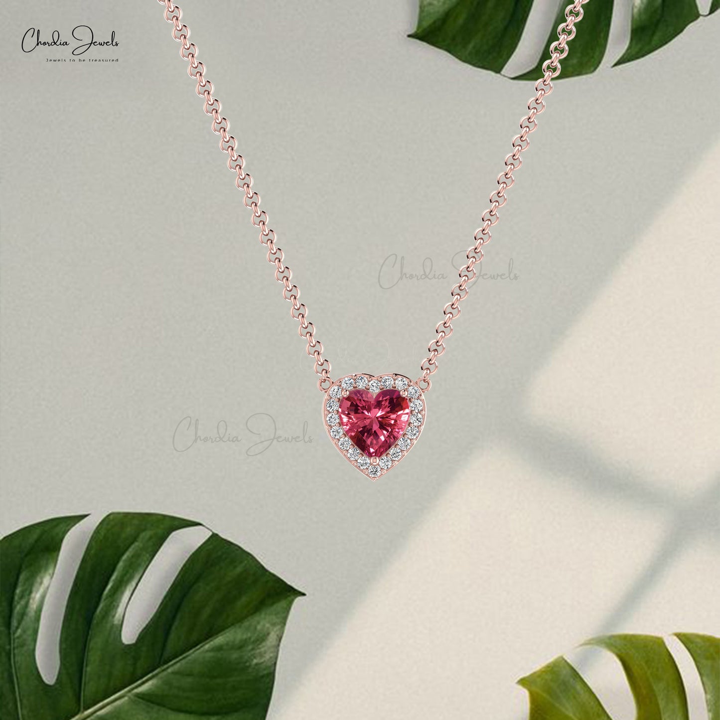 October Birthstone Jewelry 14K Solid White Gold Pink Tourmaline & Diamond Halo Heart Necklace