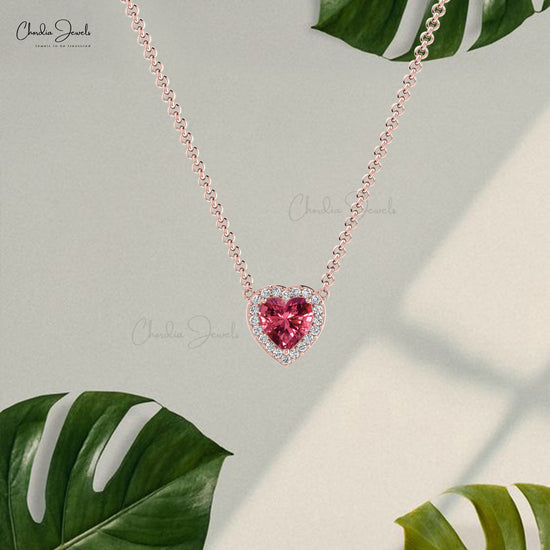 October Birthstone Jewelry 14K Solid White Gold Pink Tourmaline & Diamond Halo Heart Necklace