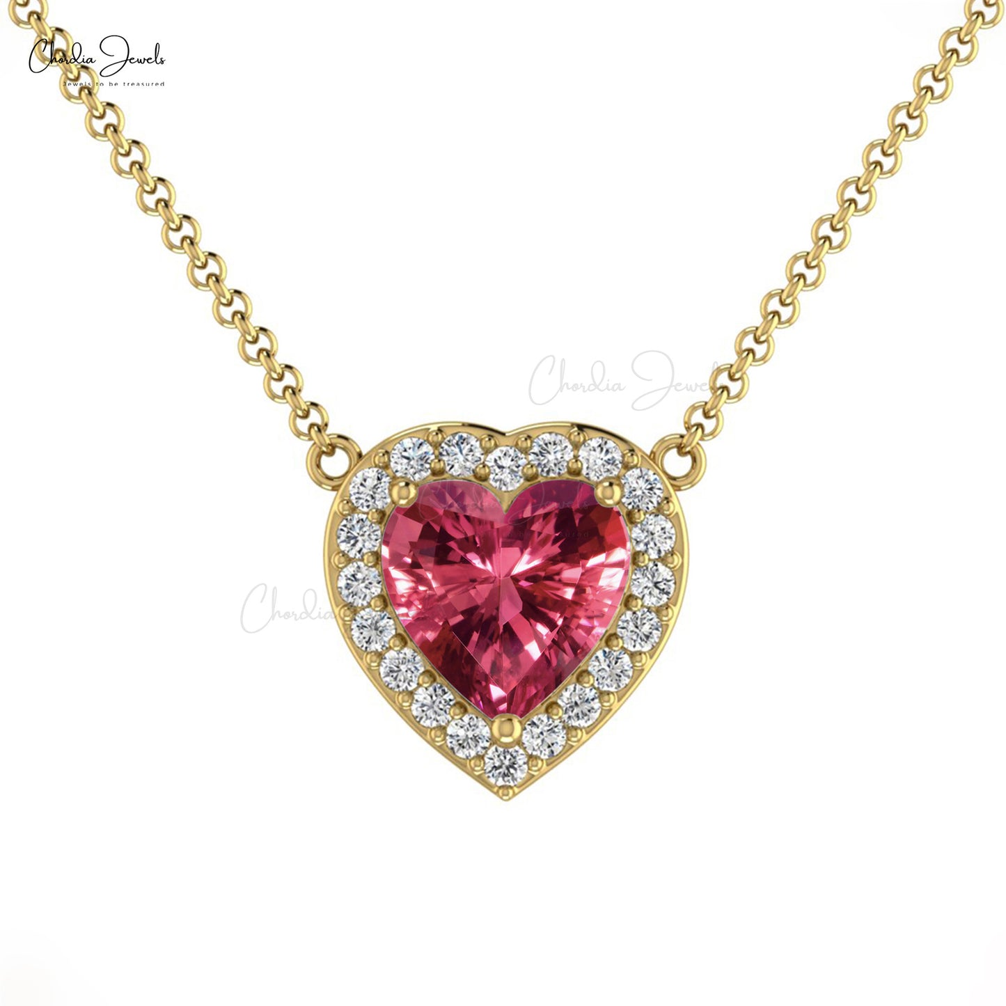 October Birthstone Jewelry 14K Solid White Gold Pink Tourmaline & Diamond Halo Heart Necklace