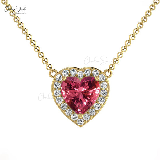 October Birthstone Jewelry 14K Solid White Gold Pink Tourmaline & Diamond Halo Heart Necklace