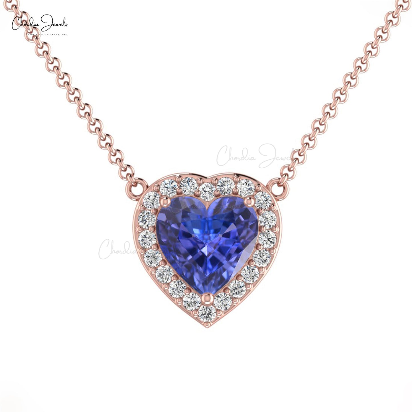 AAA Quality 5mm Heart Cut Genuine Tanzanite Halo Heart Necklace 14k Solid Gold April Birthstone Pave Set Diamond Wedding Jewelry For Gift