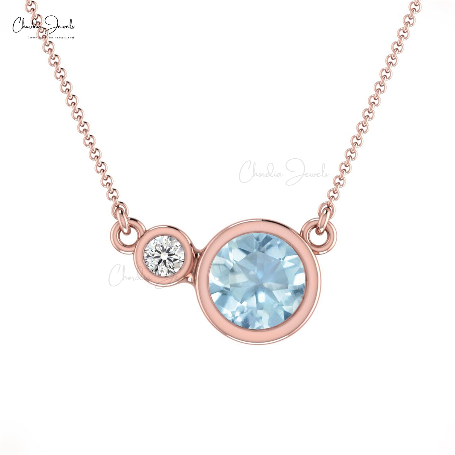 Natural Aquamarine Bezel Set Necklace In Real 14k Gold Diamond 2 Stone Necklace For Her