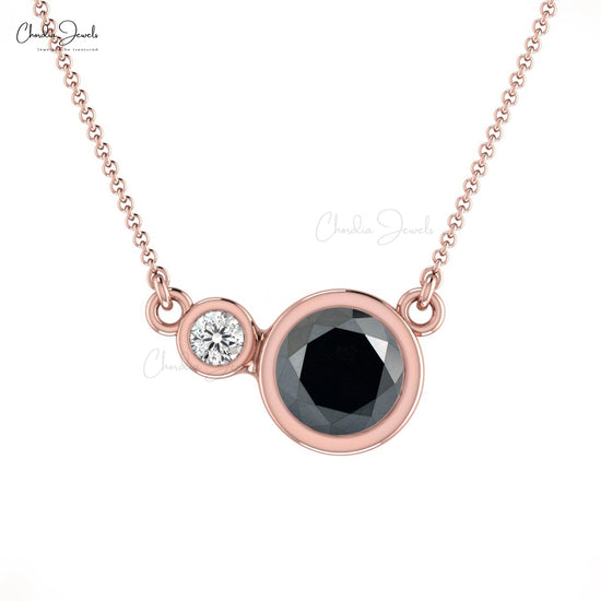 Natural Black Diamond Necklace, 14k Solid Gold White Diamond Necklace, 5mm Round Gemstone Bezel Set Necklace, April Birthstone Necklace Gift for Her