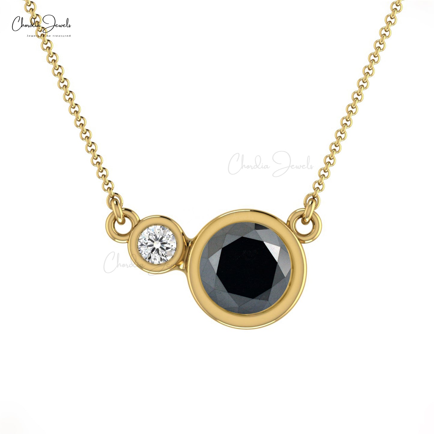 Natural Black Diamond Necklace, 14k Solid Gold White Diamond Necklace, 5mm Round Gemstone Bezel Set Necklace, April Birthstone Necklace Gift for Her