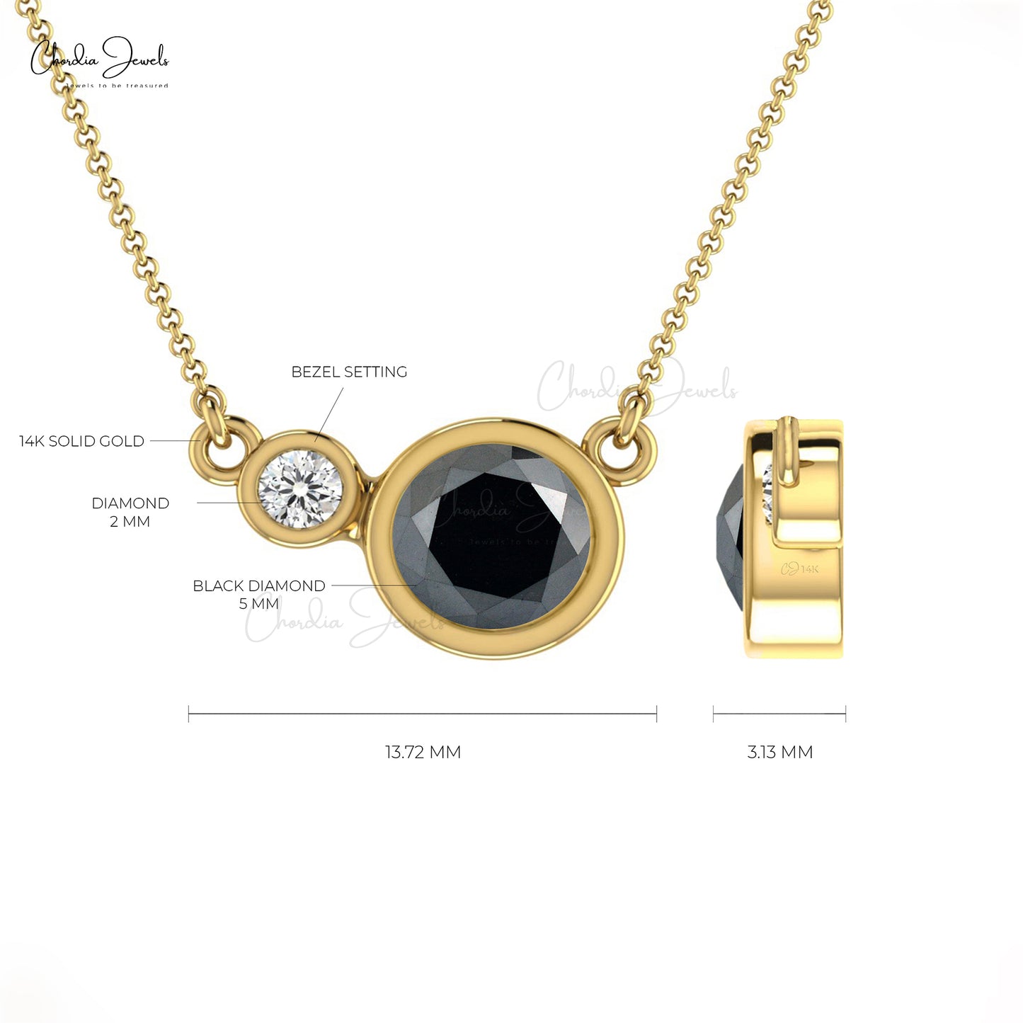 Natural Black Diamond Necklace, 14k Solid Gold White Diamond Necklace, 5mm Round Gemstone Bezel Set Necklace, April Birthstone Necklace Gift for Her