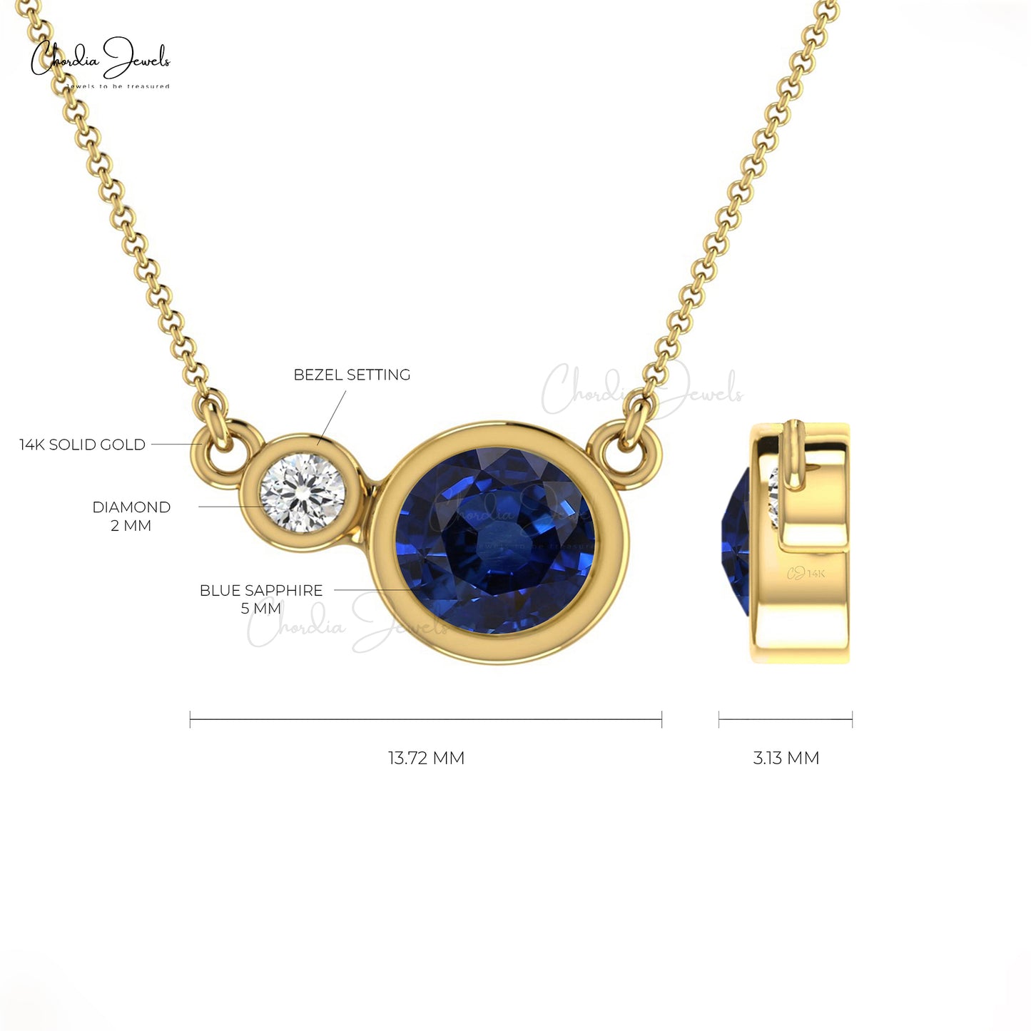 Natural Blue Sapphire and Diamond Accented in 14k Solid Gold 2 Stone Necklace