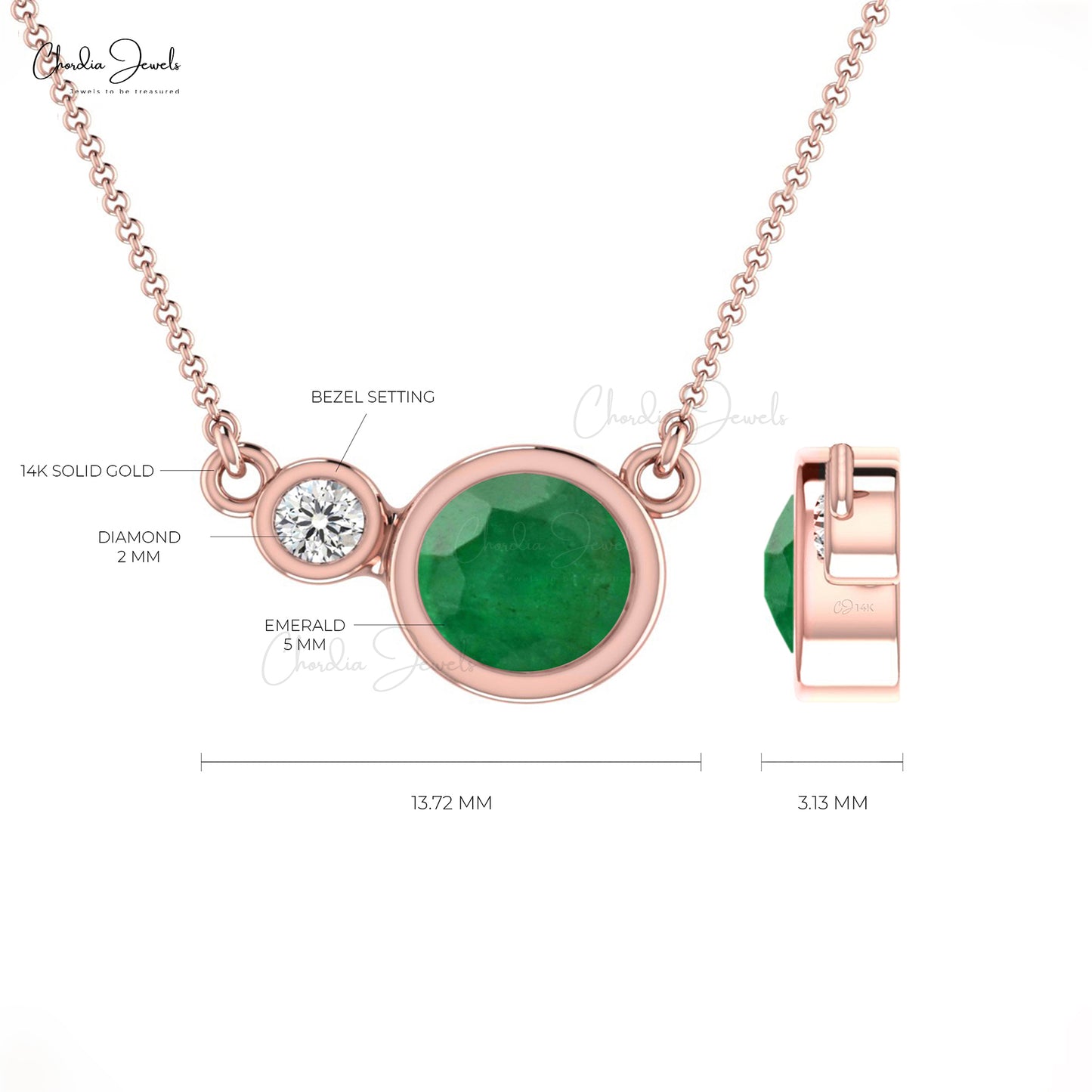 Antique Bezel Set Diamond Necklace Pendant With Spring Round Shape Natural Emerald Gemstone Pendant in Pure 14k Gold Gift For Wife