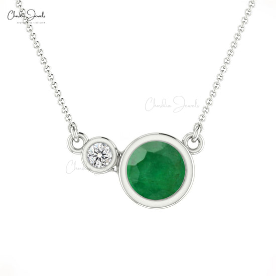 Antique Bezel Set Diamond Necklace Pendant With Spring Round Shape Natural Emerald Gemstone Pendant in Pure 14k Gold Gift For Wife