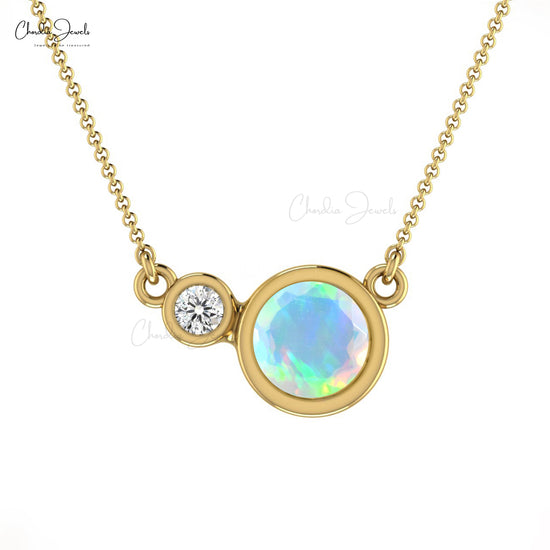Bezel Set Natural Opal & Diamond Necklace In 14k Real Gold