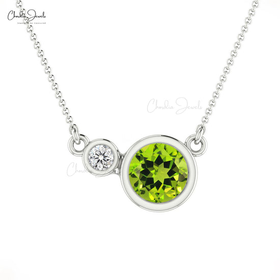 Solid 14k Gold Natural Peridot & Diamond Bezel Set Necklace