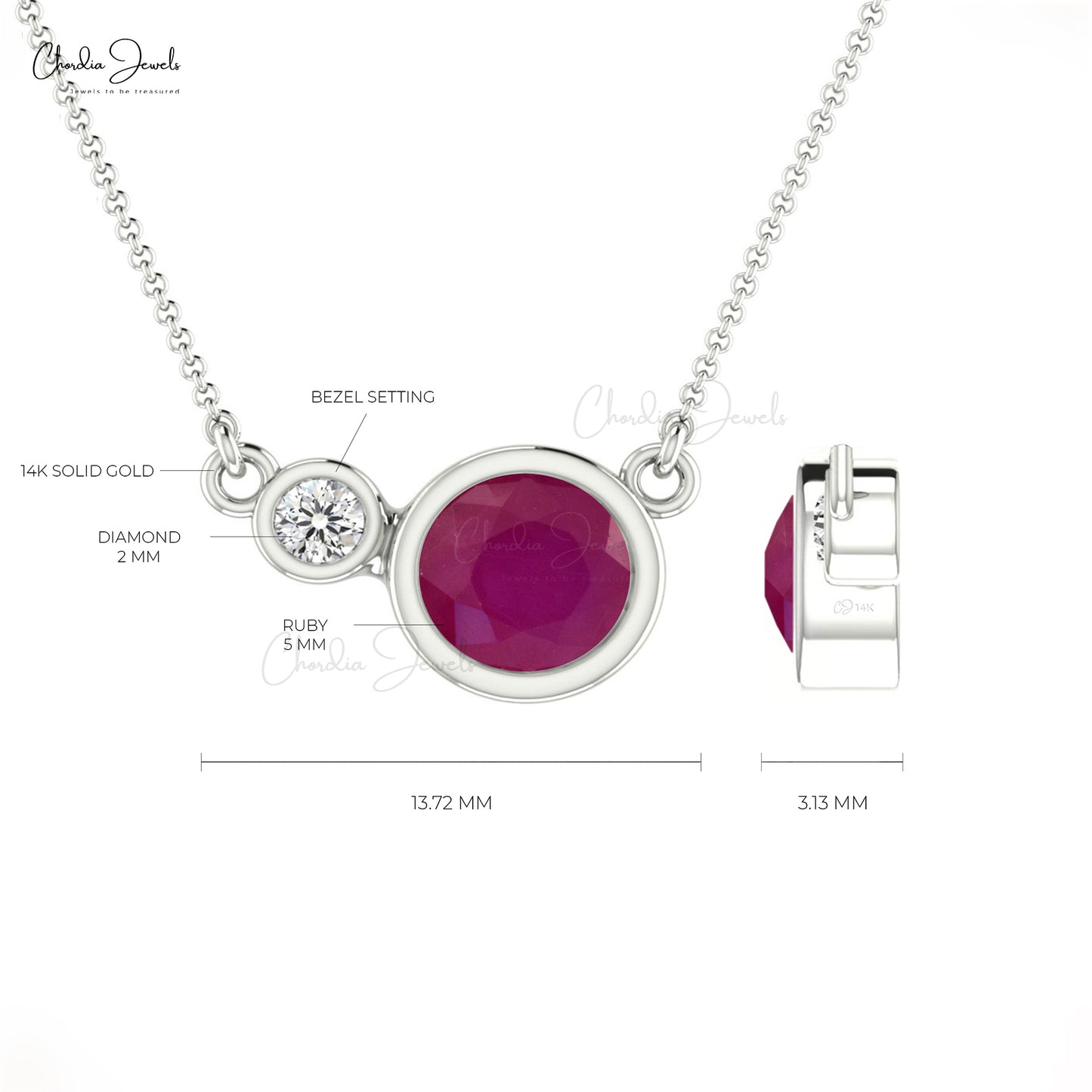 Natural Ruby & Diamond Necklace July Birthstone Necklace in 14k Solid Gold