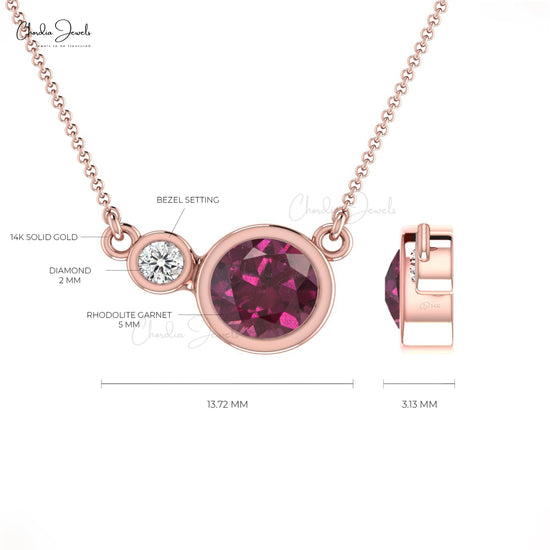 Load image into Gallery viewer, Natural Rhodolite Garnet Necklace, 14k Solid Gold Diamond Necklace, 5mm Round Gemstone Necklace, January Birthstone Necklace Women&amp;#39;s Jewelry
