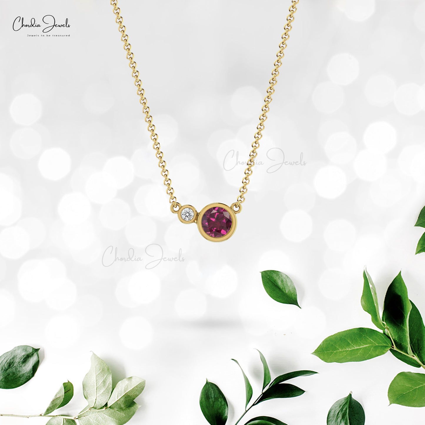 Load image into Gallery viewer, Natural Rhodolite Garnet Necklace, 14k Solid Gold Diamond Necklace, 5mm Round Gemstone Necklace, January Birthstone Necklace Women&amp;#39;s Jewelry
