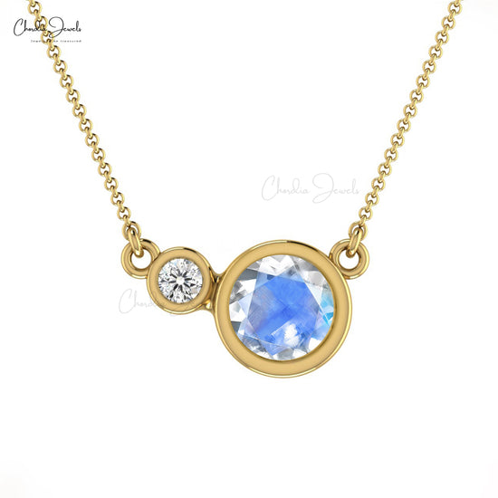 Round Moonstone & Diamond Bezel Set Necklace 14k Real Gold Light Weight 2-Stone Necklace