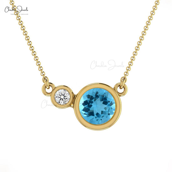 Natural Swiss Blue Topaz and Diamond Necklace, 5mm Round Gemstone Necklace in 14k Solid Gold Necklace, December Birthstone Necklace Gift for Her