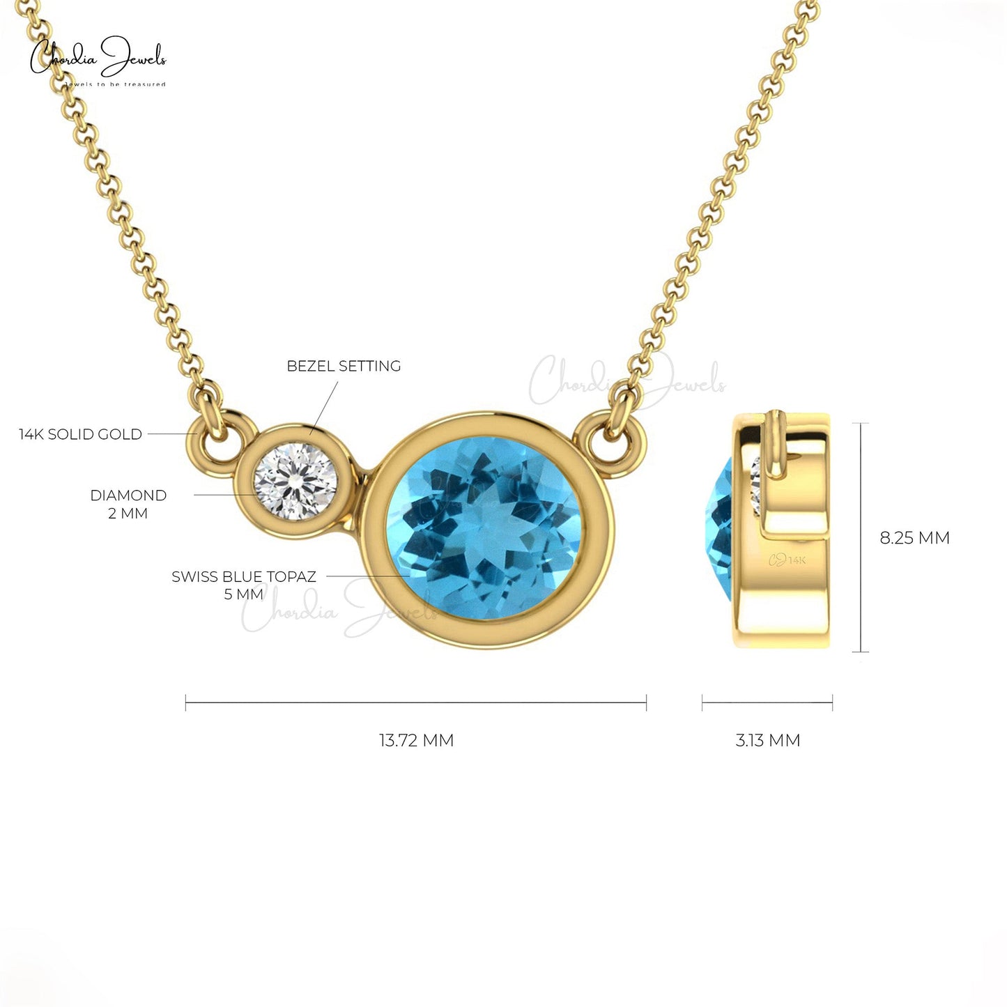 Load image into Gallery viewer, Natural Swiss Blue Topaz and Diamond Necklace, 5mm Round Gemstone Necklace in 14k Solid Gold Necklace, December Birthstone Necklace Gift for Her
