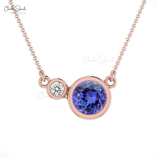 Bezel Set Tanzanite & Diamond Two Stone Necklace In 14k Gold