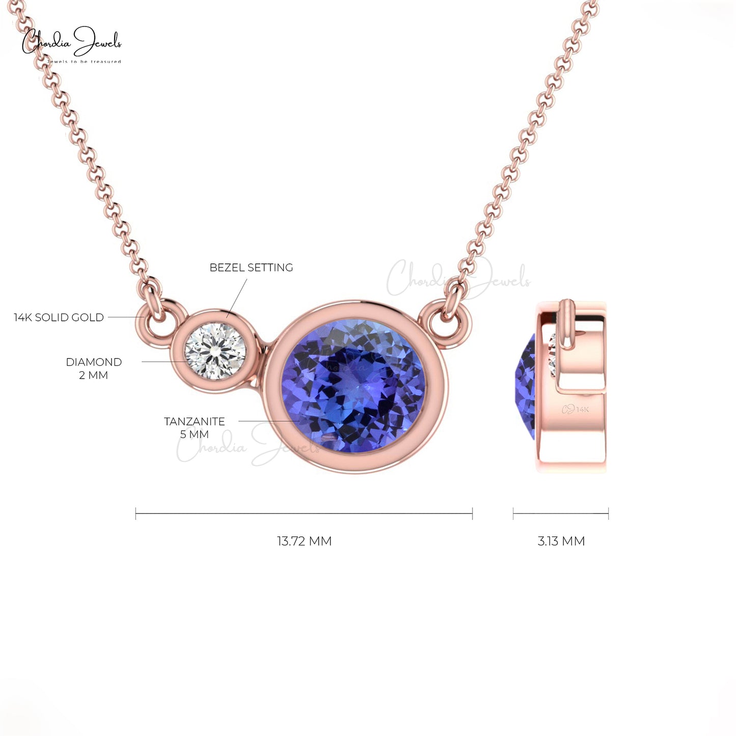 Bezel Set Tanzanite & Diamond Two Stone Necklace In 14k Gold