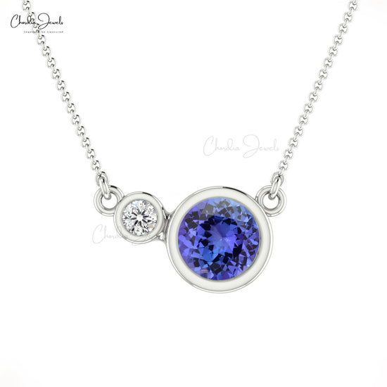 Bezel Set Tanzanite & Diamond Two Stone Necklace In 14k Gold