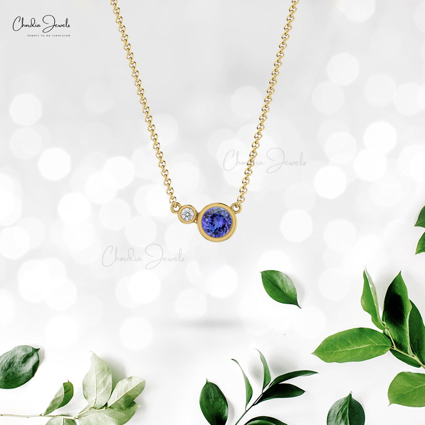 Bezel Set Tanzanite & Diamond Two Stone Necklace In 14k Gold