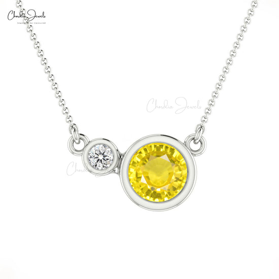 Natural Yellow Sapphire Necklace, 5mm Round Gemstone Necklace, 14k Solid Gold Diamond Necklace, September Birthstone Necklace Gift for Her