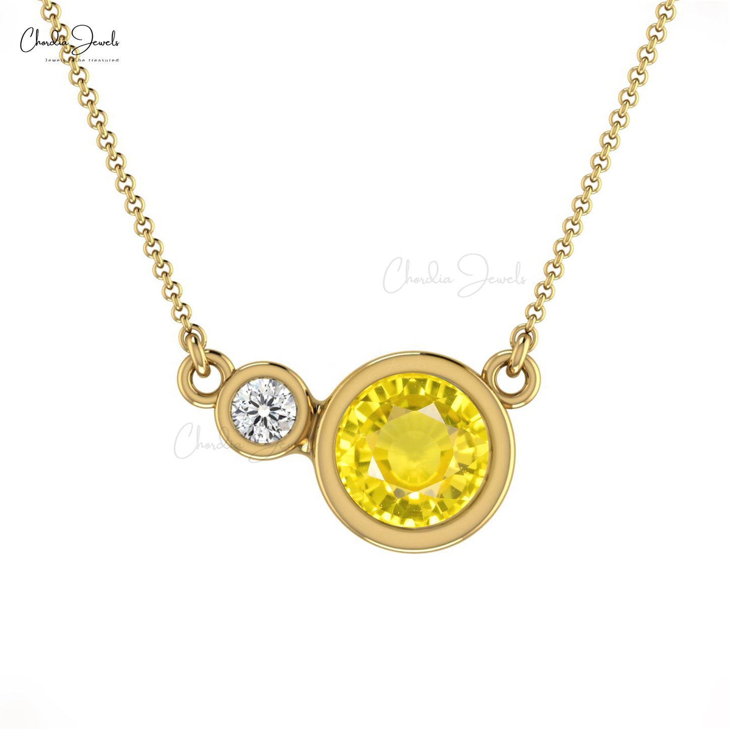 Natural Yellow Sapphire Necklace, 5mm Round Gemstone Necklace, 14k Solid Gold Diamond Necklace, September Birthstone Necklace Gift for Her